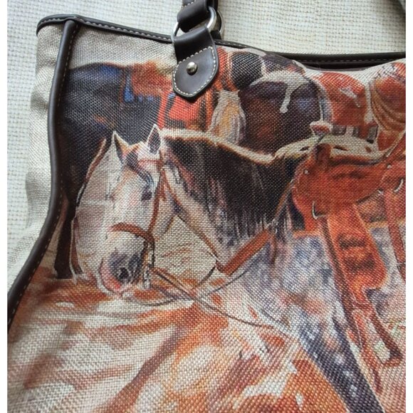 Montana West Tan Canvas & Brown Studded Trim Horse Painting  Large Purse Tote - Picture 9 of 12